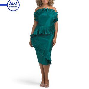 BADGLEY MISCHKA Emerald Asymmetrical Pleated Cocktail Dress